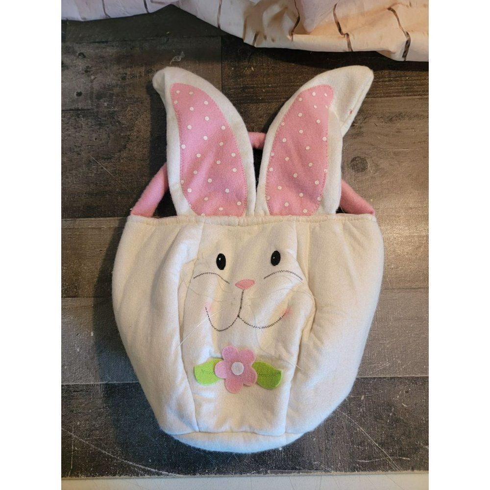 Pink plush Easter Bunny basket flower decor